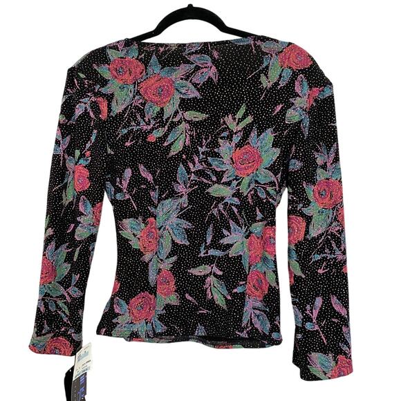 VTG NWT MSK Faux Wrap Black Blouse Floral Glitter ,Whimsigoth, Fairy Grunge Sz M - Picture 2 of 6